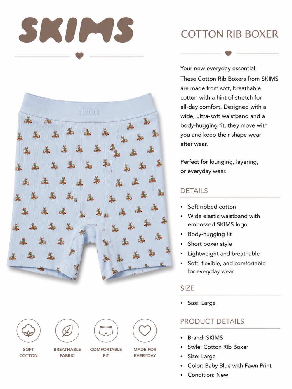 SKIMS Womens Cotton Rib Boxer - Baby Blue with Fawn Print